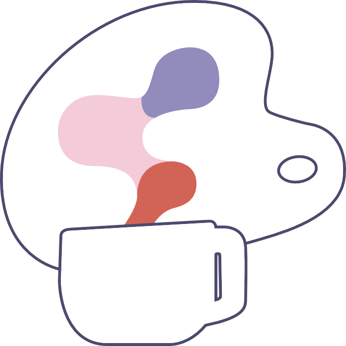 logotipo a color: una taza enfrente de un godete de pintor. El humo de la taza simula al mismo tiempo el humo del café y los colores en la paleta.