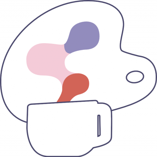 logotipo a color: una taza enfrente de un godete de pintor. El humo de la taza simula al mismo tiempo el humo del café y los colores en la paleta.